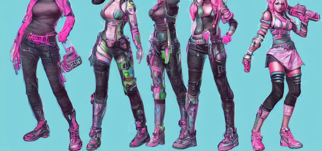Image similar to character sheet concept art of female video game characters, streetwear, futurepunk, bright, fun, by marc brunet and artgerm