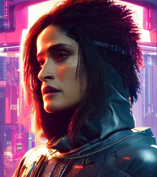 Image similar to cyberpunk 2 0 7 7, charismatic rugged female battle salma hayek - mage portrait, clothed in hooded, metal - plated battle armor atmospheric lighting painted intricate volumetric lighting, beautiful, sharp focus, ultra detailed by leesha hannigan, ross tran, thierry doizon, kai carpenter, ignacio fernandez rios