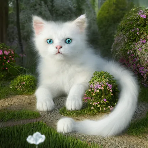 Image similar to hyperrealistic image of fun, fluffy white cat with one blue eye and one green eye, in a fairy garden, stunning 3 d render inspired art by greg rutkowski and xiang duan, perfect facial symmetry, realistic, highly detailed attributes and atmosphere, dim volumetric cinematic lighting, 8 k octane detailed render, post - processing, masterpiece