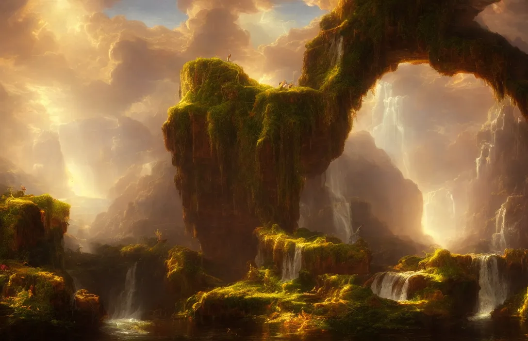 Image similar to a huge arc far away in a thomas cole inspired landscape, detailed dreamscape, hyperreal phantastic landscape, intricate details in environment, golden ratio, high aestehtic, waterfall cascades, cinematic light dramatic light, lightrays, trending on artstation