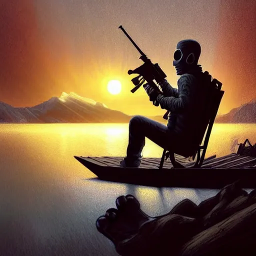 Image similar to digital art, trending on artstation, manny calavera sitting with a rifle, in a cabin, on a lake, sunrise, ultra realistic, concept art, intricate details, eerie, highly detailed, photorealistic, octane render, 8 k, unreal engine. art by artgerm and greg rutkowski and charlie bowater and magali villeneuve and alphonse mucha