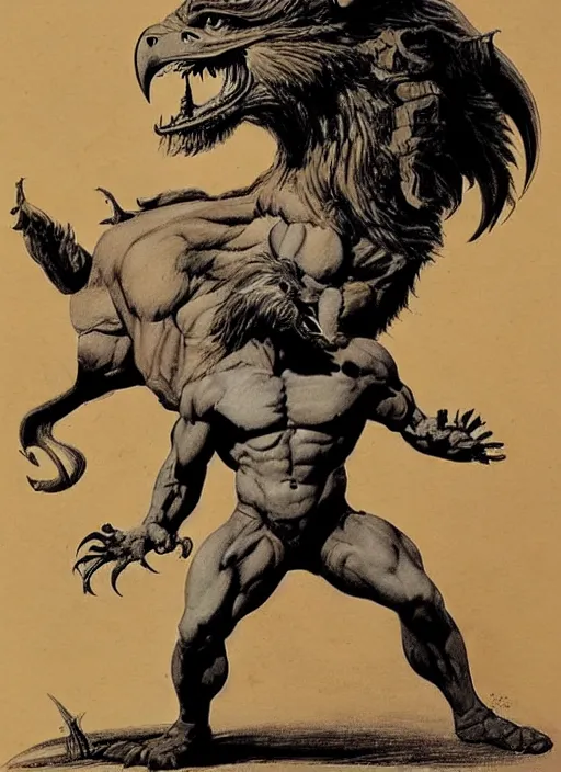 Image similar to a creature with the body and eyes of a man, with the beak of an eagle, the mane of a lion, and the horns of an ox. drawn by frank frazetta