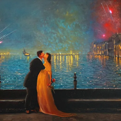 Image similar to an oil painting of couple kissing, in a background fireworks in venice