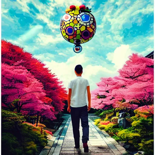 Image similar to a man walking on clouds away from the camera above kyoto by takashi murakami, beeple and james jean, aya takano color style, 4 k, super detailed, modern, 4 k, symmetrical