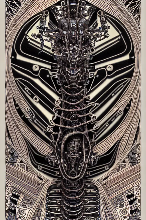 Image similar to a centered uncut fullbody frontview portrait of a robotic hydra / gorgon headed biomechanical creature by clogtwo and subjekt zero feat paul lewin and ø - cult. intricate detailed sharp clean textured very ornated. indian style tapestry design. hd. 4 k. lowbrow color palette