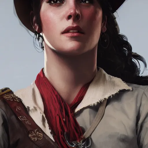 Image similar to A young spanish woman as a Red dead redemption 2 loading screen, very detailed face, gorgeous, beautiful, intricate, highly detailed, digital painting, artstation, concept art, sharp focus, illustration, art by greg rutkowski and alphonse mucha