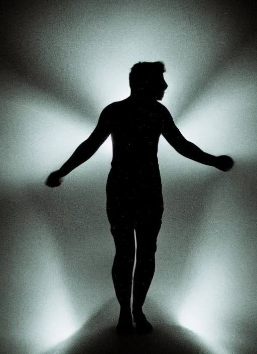 Prompt: fractal human silhouette, large diffused glowing aura, long exposure, film grain, cinematic lighting, field blur