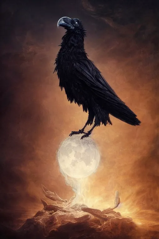Prompt: Intricate stunning highly detailed raven by agostino arrivabene and Seb McKinnon, unreal render, ultra realistic, Horror vacui, ethereal, dark, swarming swirling bats, full moon, thick swirling smoke tornado, fire embers, trending on artstation