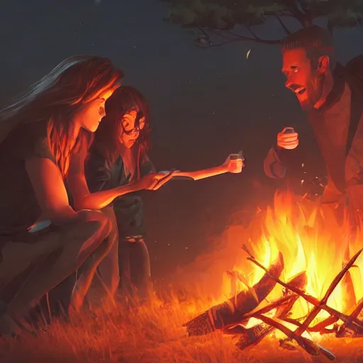 Prompt: close up, zoom up, campfire in the night, stylized, artgerm, artstation, hd, cgsociety, cgi, realistic, dramatic, cinematic, artistic, trending, detailed