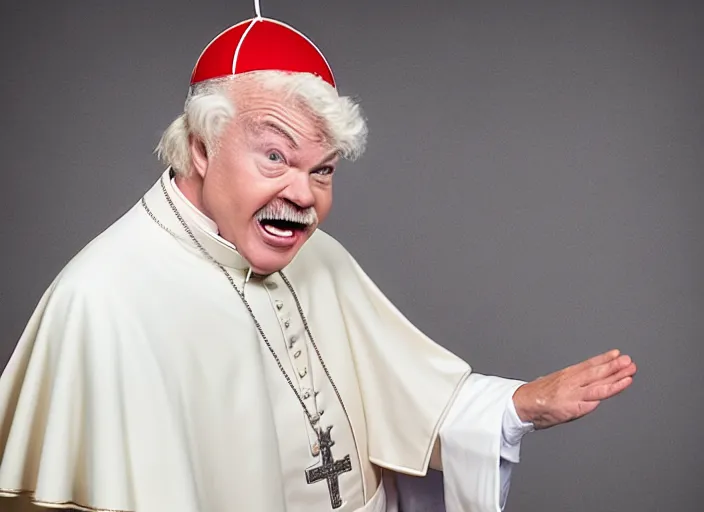 Image similar to photo still of rip taylor as the pope!!!!!!!! at age 5 4 years old 5 4 years of age!!!!!!! throwing confetti from a bucket at church, 8 k, 8 5 mm f 1. 8, studio lighting, rim light, right side key light