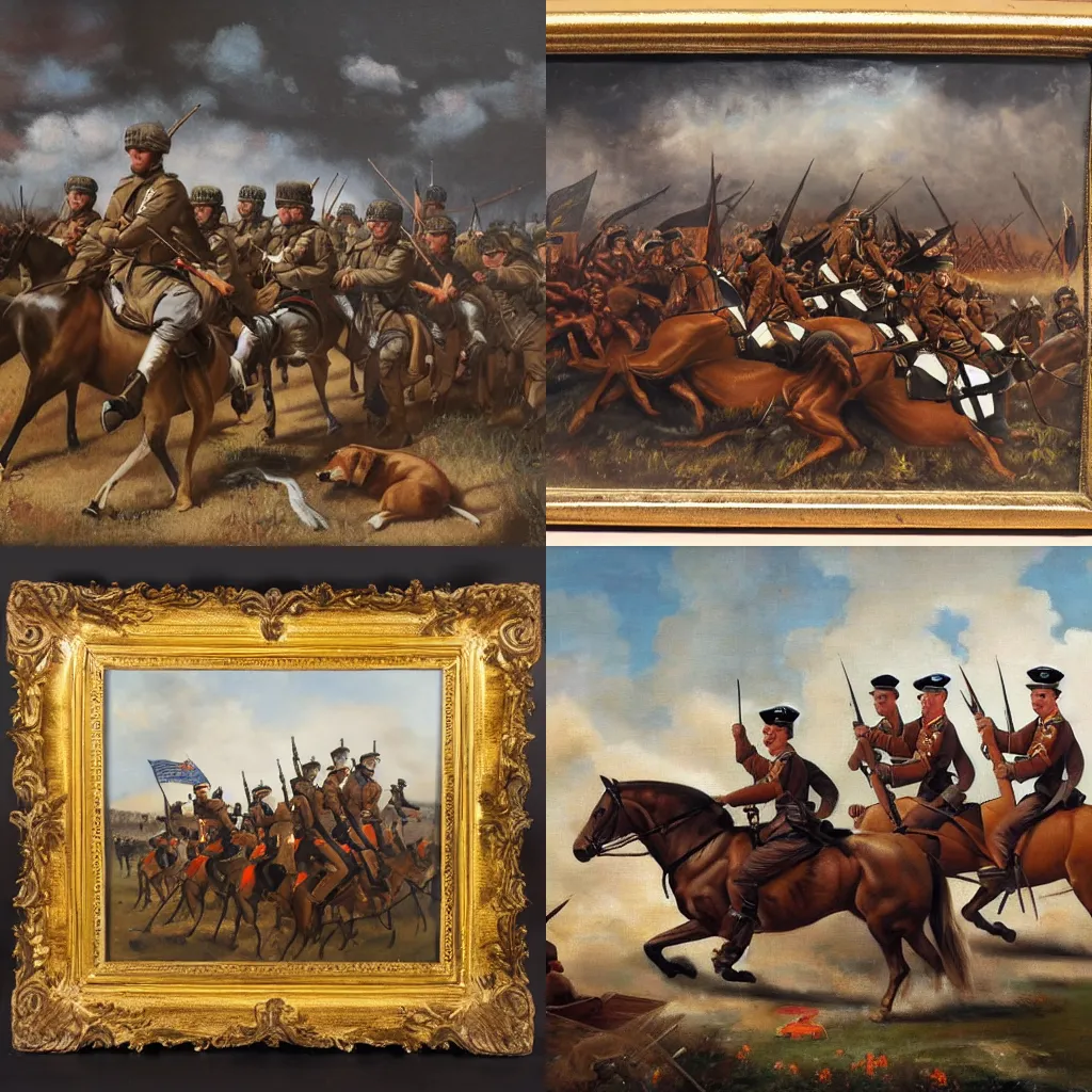 Prompt: historic world war oil painting with soldiers riding on dogs instead of horses