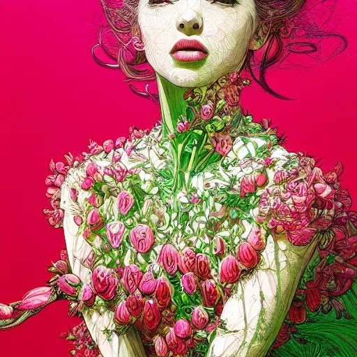 Image similar to the portrait of an absurdly beautiful, graceful, elegant, perky woman made of strawberries and green petals, an ultrafine hyperdetailed illustration by kim jung gi, irakli nadar, intricate linework, bright colors, octopath traveler, final fantasy, angular, unreal engine 5 highly rendered, global illumination, radiant light, detailed and intricate environment