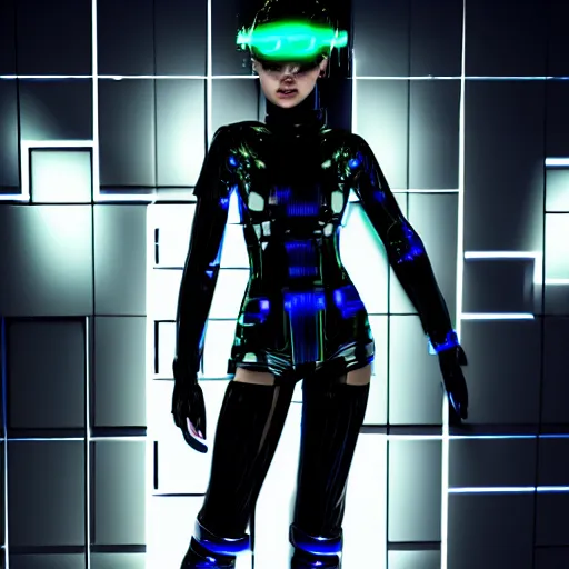 Image similar to An hyperrealistic epic comic painting of a cyber warrrior girl wearing futuristic fashion behind a wall of matrix, sci-fi, black and silver color combination, heavy rainning at future sci-fi tokyo street night, neon ligh, DAZ, 8k, unreal 5 engine render, cosplay, RPG portrait, dramatic lighting, low keys light, rim lights, PS5 render