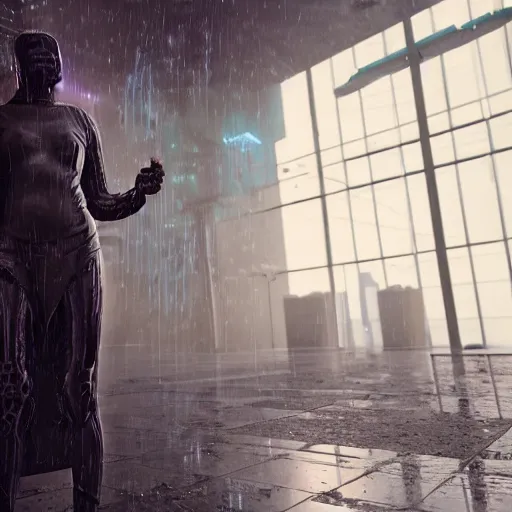 Image similar to cyberpunk statue, rain, space, galaxy, octane render, hyperrealism