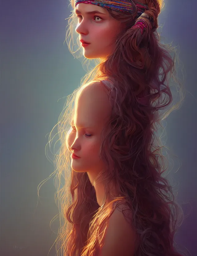 Prompt: portrait of a young woman wearing a boho dress, hippie girl, long hair, groovy hairband, bangs, intricate, smooth, groovy lighting, highly detailed, digital painting, artstation, concept art, smooth, sharp focus, illustration, art by wlop, mars ravelo and greg rutkowski