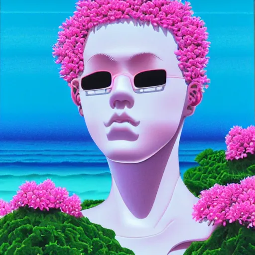 Prompt: Hiroshi Nagai, award winning masterpiece with incredible details, Hiroshi Nagai, a surreal vaporwave vaporwave vaporwave vaporwave vaporwave painting by Hiroshi Nagai of an old pink mannequin head with flowers growing out, sinking underwater, highly detailed Hiroshi Nagai