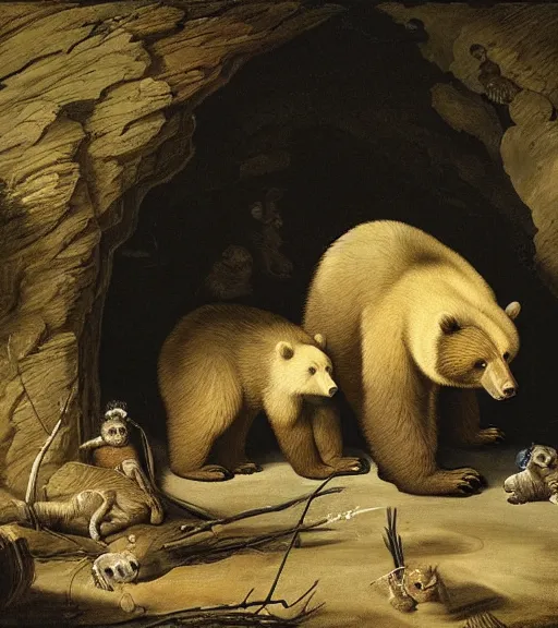 Image similar to a mother bear and her cubs sleeping in a dark cave POV from outside at night, artwork by Pieter Claesz