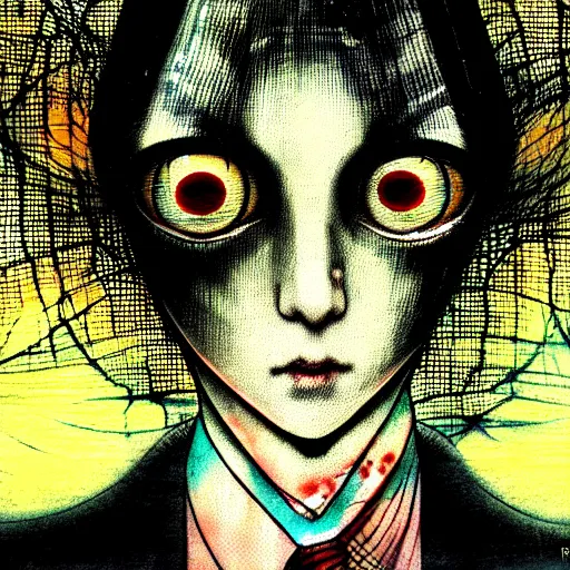 Image similar to yoshitaka amano blurred and dreamy realistic three quarter angle horror portrait of a sinister young woman with short hair and yellow eyes wearing office suit with tie, junji ito abstract patterns in the background, satoshi kon anime, noisy film grain effect, highly detailed, renaissance oil painting, weird portrait angle, blurred lost edges