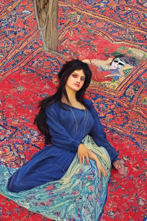 Prompt: gorgeous iranian girl with detailedly skirt lay down on a detailed persian carpet, tree palms in background, painting by john singer sargent