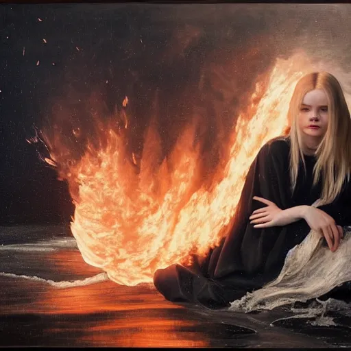 Image similar to Elle Fanning in a black robe holding fire on the beach, head and shoulders portrait, stormy weather, extremely detailed masterpiece, Roger Deakin’s cinematography, oil on canvas, Johannes Vormeer,