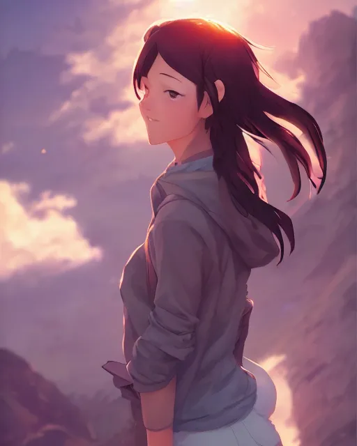 Prompt: a girl on a hike, sexy outfit, medium shot, front facing, visible face, detailed face, perfectly shaded, atmospheric lighting, by makoto shinkai, stanley artgerm lau, wlop, rossdraws