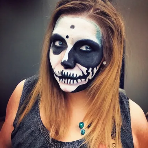 Image similar to a woman with face paint of a skull. full body. photo. detailed. photography. trending on instagram.