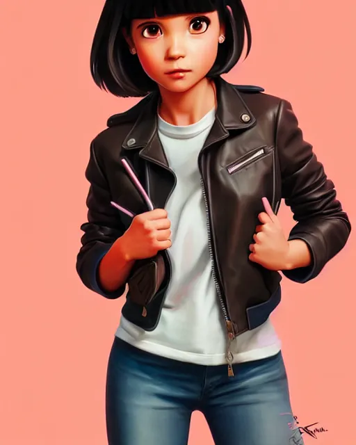 Prompt: real girl dora the explorer wearing leather jacket, 6 5 9 2, fine detail!! anime!! realistic shaded lighting!!, kim hyun joo, digital painting by ilya kuvshinov, magali villeneuve, artgerm, jeremy lipkin and michael garmash and rob rey