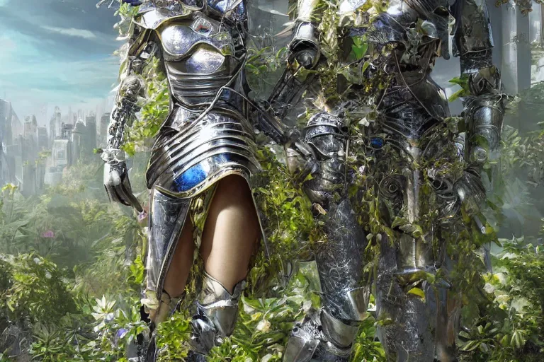Prompt: detailed female knight errant in a high tech botanical world with blue skies| pristine metals, glass and plants | solarpunk | artstation | high detail | Wayne Reynolds, Vincent Callebaut