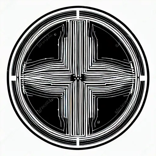 Prompt: black lineart design of a circular holy icon halo pattern with tech lines on a white background