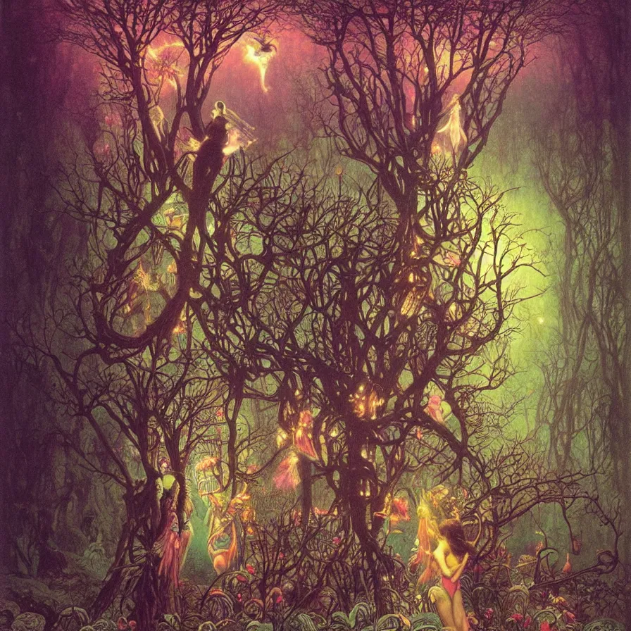 Prompt: a night carnival fairies around a magical tree, christmas lights, creatures and fantastic people disguised as fantastic creatures in a magical forest by summer night, masterpieceunderwater scene, painted by zdzislaw beksinski, alphonse mucha and rene laloux, volumetric lightning
