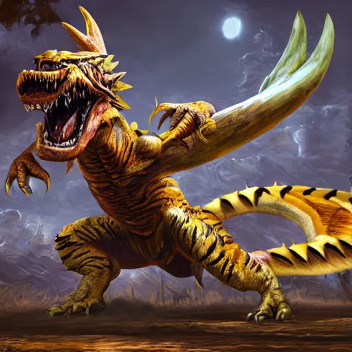 Prompt: tigrex ( monsterr hunter ) attacking and roaring, d & d, elegant, highly detailed, trending on artstation, digital painting, monster hunter, unreal engine