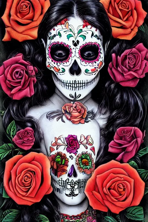 Image similar to Illustration of a sugar skull day of the dead girl, art by jim burns