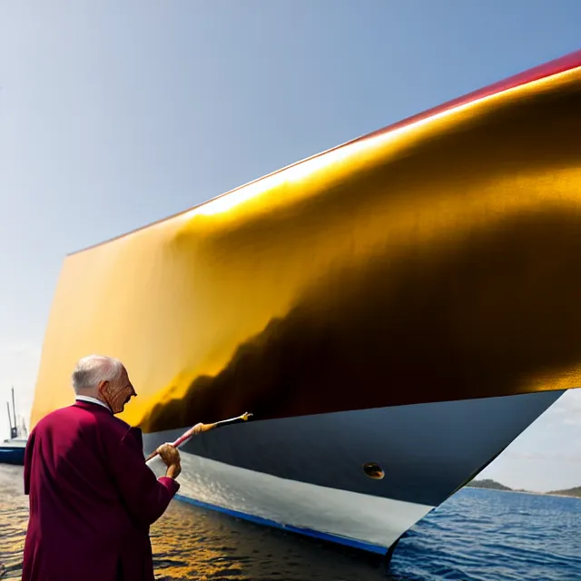 Image similar to wrinkled hunchbacked old man in musty burgundy suit, polishing painting the side of a huge gold plated mega yacht with a cloth, maintenance photo