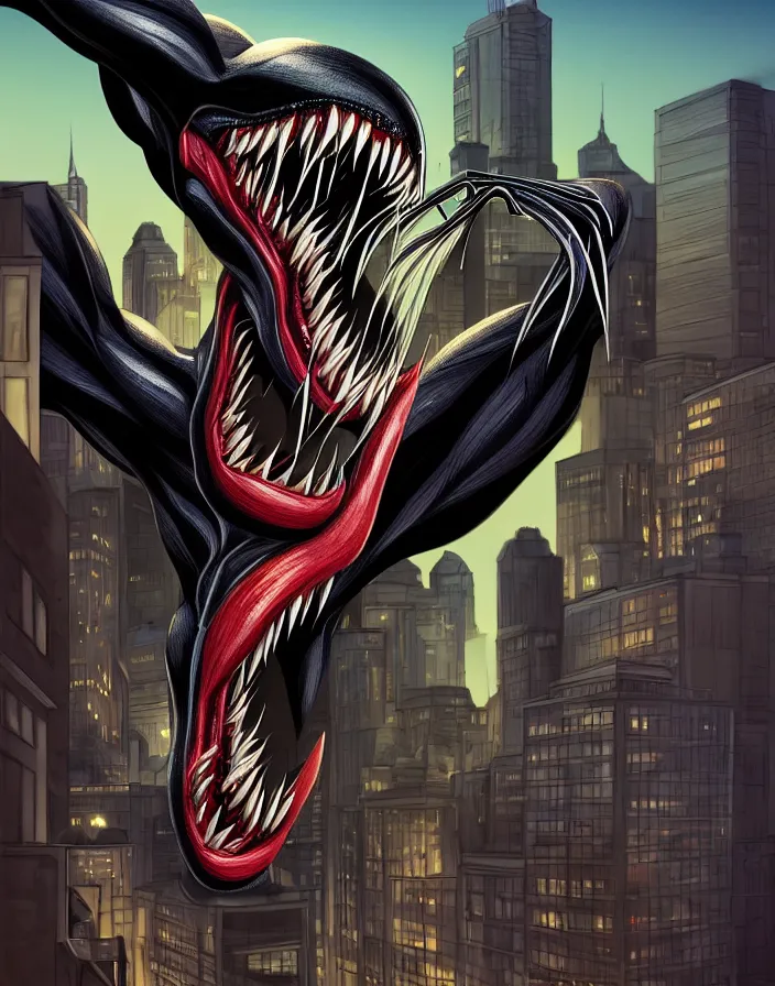 Prompt: fantastic illustration of venom, lethal protector, muscles, muscular, veins, open mouth, angry, saliva, bigh sharp teeths, savage, in a city at night, on top of buildings, large thong, artstation, 3 d hammer modeling, hd, sharp high quality artwork in cinematic style, movie lighting,