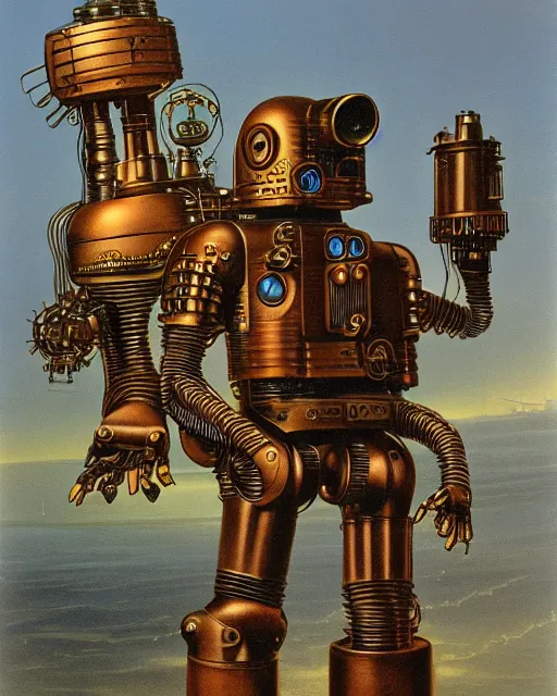 Image similar to steampunk robot, half body by ralph mcquarrie and frank lloyd frank lloyd and bruce pennington and ted nasmith