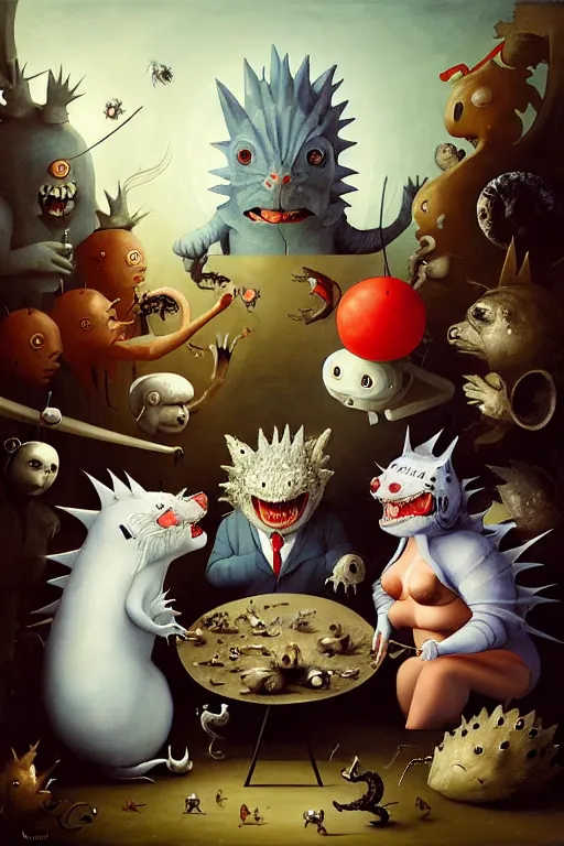 Image similar to hieronymus bosch, greg rutkowski, anna podedworna, painting of two white haired catgirls, a small fat blue godzilla, a pickle in a suit and tie, a cybernetic fox woman, a woman with one eye, a small hedgehog, a man with a shrimp for a head, all laughing at a vampire clown with red hair