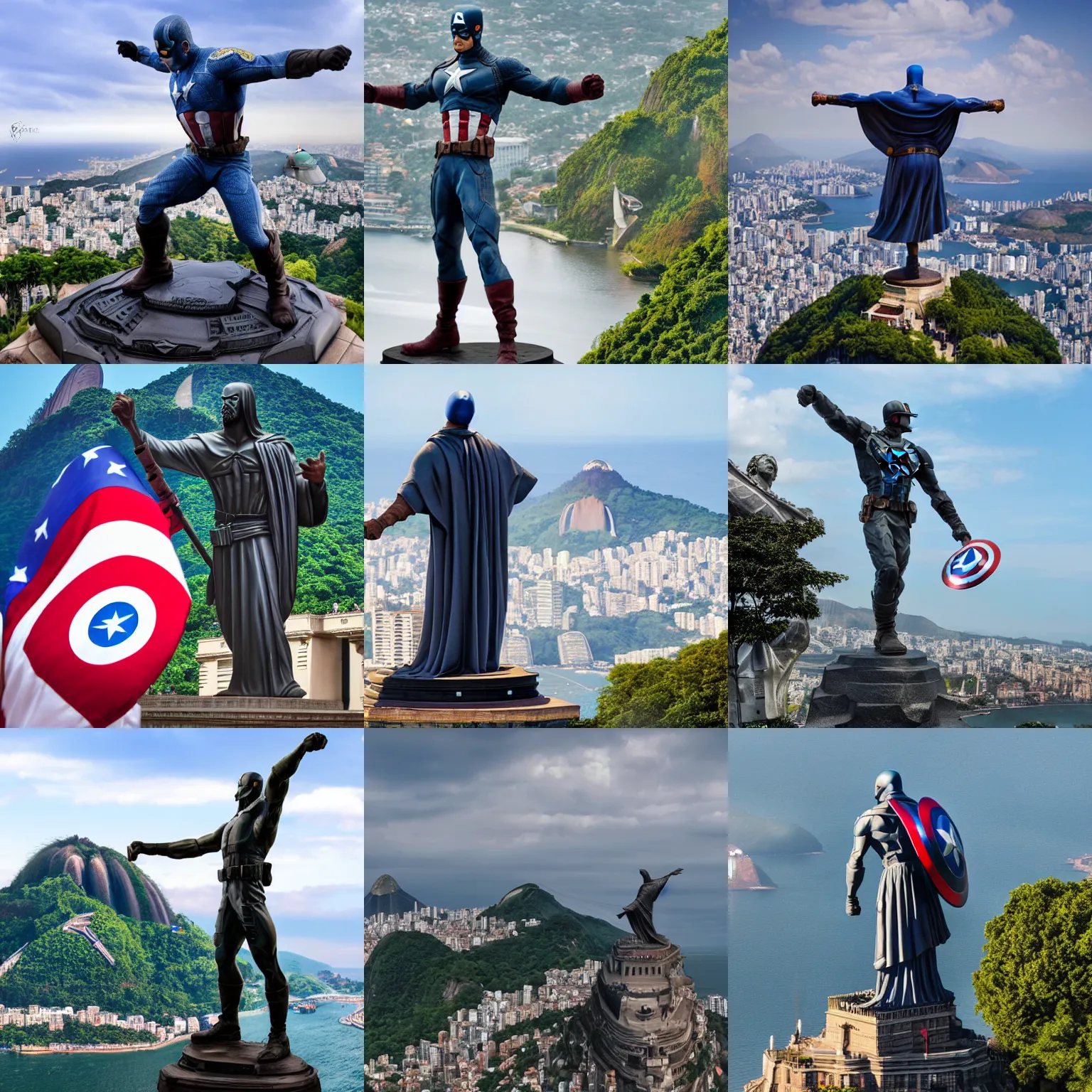 Prompt: captain America statue replaces Christ the redeemer statue in Brazil, stone, 4k, photo real