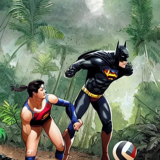 Prompt: batman and superman are playing volleyball in a jungle, in the style of greg rutkowski and artgerm, high detail