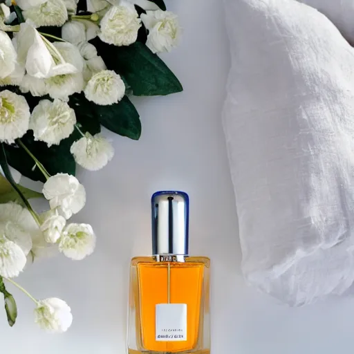 Prompt: centered bright perfume bottle sitting on a white clean surface surrounded by a plethora of white flowers and oranges upfront, with dreamy bright blue sky and clouds in the background, softly - lit, soft - warm, zen, light, modern minimalist f 2 0 clean