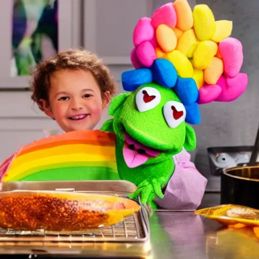 Prompt: rainbow pig wearing a gold crown as a Muppet cooking dinner 8k