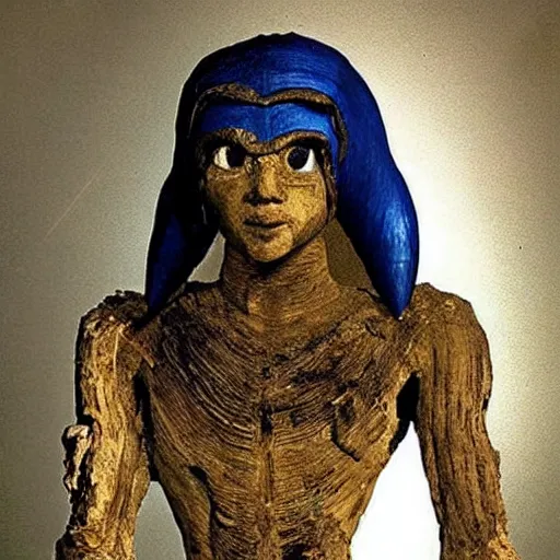 Image similar to photo of an ancient mummy that looks like sonic the hedgehog