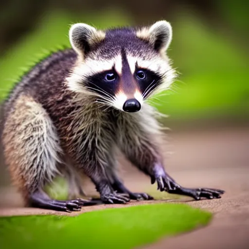 Prompt: a cute baby raccoon together with a white sneaker shoe with its laces undone, highly detailed, award winning, national geographic wildlife photo, bokeh, 5 0 mm f 1. 4, soft lighting