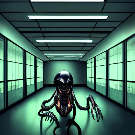 Image similar to xenomorph in endless empty office building with monoyellow walls, brown carpet, defective fluorescent lighting, artstation, ultra detailed, creepy, photorealistic, nostalgia