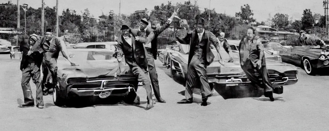 Prompt: gangsters showboating with wads in front of a muscle car