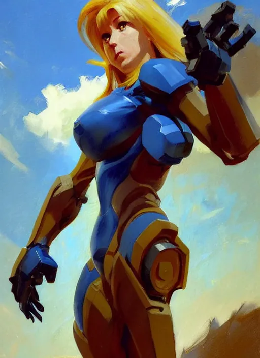 Image similar to Greg Manchess painting of Samus from Metroid Prime, countryside, calm, fantasy character portrait, dynamic pose, above view, sunny day, thunder clouds in the sky, artwork by Jeremy Lipkin and Giuseppe Dangelico Pino and Michael Garmash and Rob Rey, very coherent asymmetrical artwork, sharp edges, perfect face, simple form, 100mm