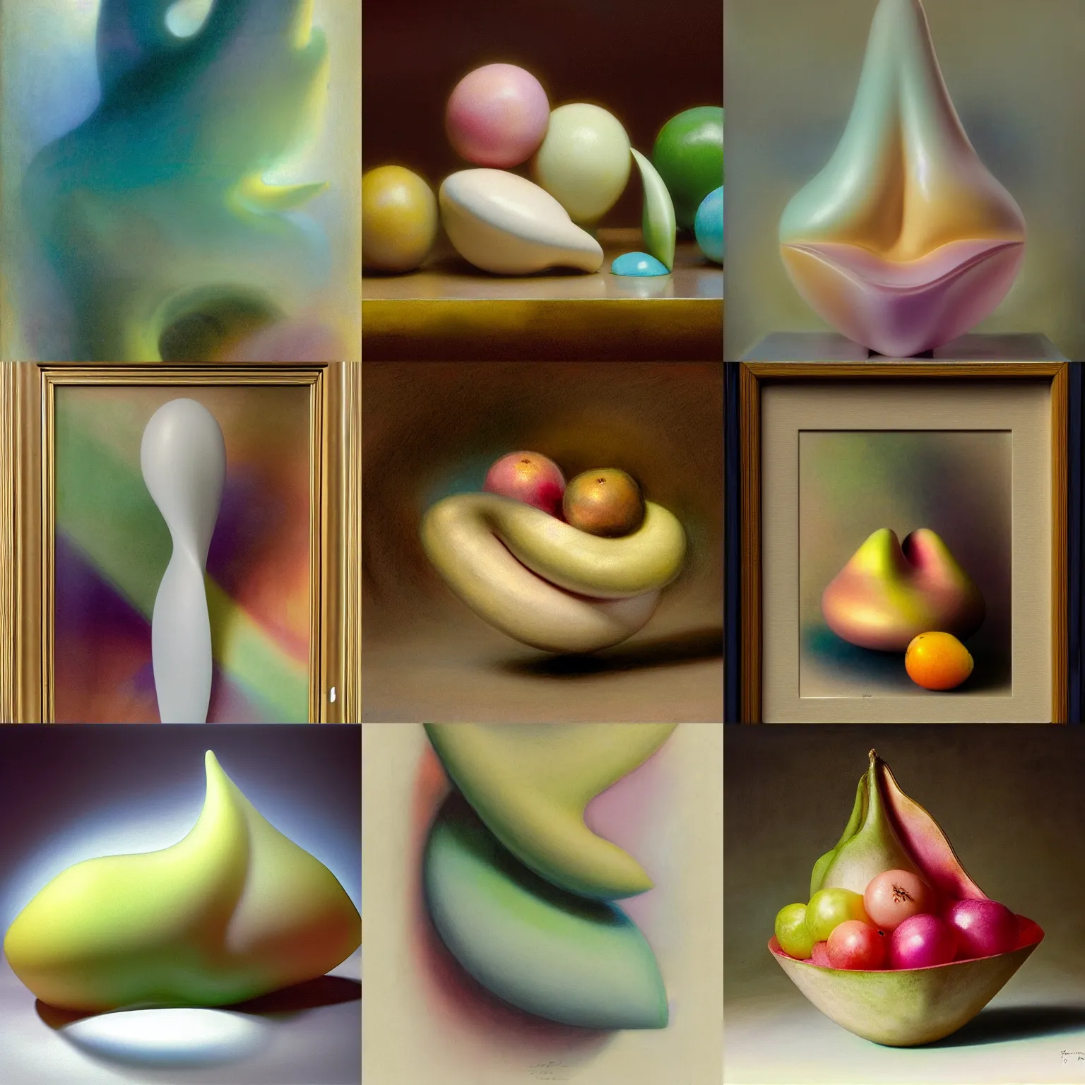 Prompt: one balanced asymmetrical biomorphic form with ombre light pastel colors, by thomas moran, professional fruit photography