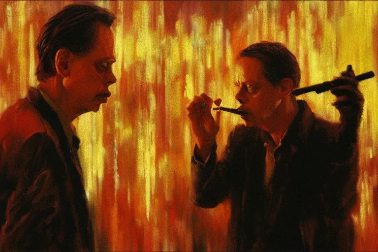 Prompt: expressive detailed impressionistic oil painting of film still of steve buscemi smoking a cigarette in blade runner, 4 k