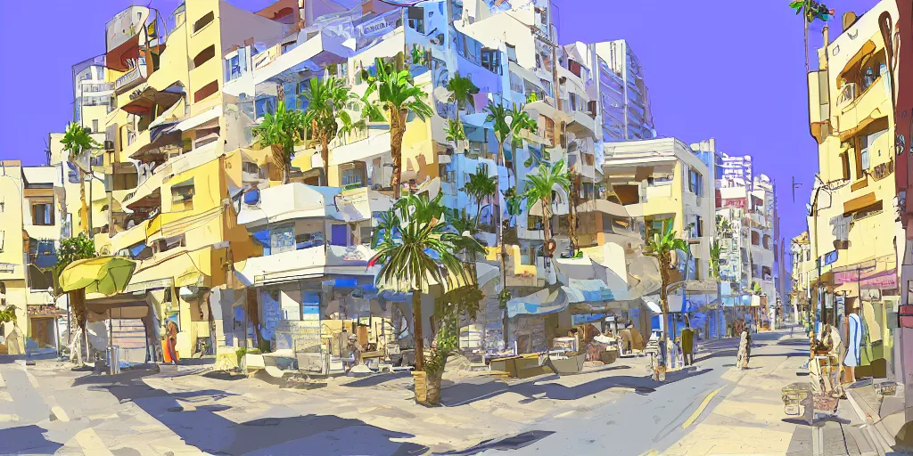 Prompt: tel aviv street from low level. optimistic. digital art. vector watercolor. highly detailed. drawing. art. gta v