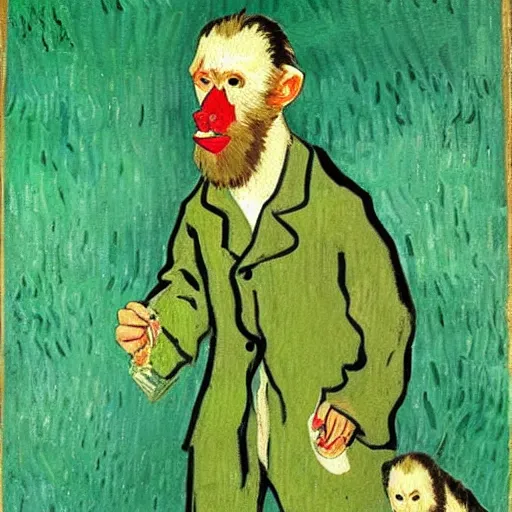 Prompt: rhesus monkey in a lab coat, smoking a cigar, in a green field, van gogh style painting