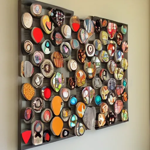 Image similar to a high quality photo of hanging wall art, 3D collage, intersecting, hearts and circles made of various hard woods, overlapping, layered, trending on Pinterest.